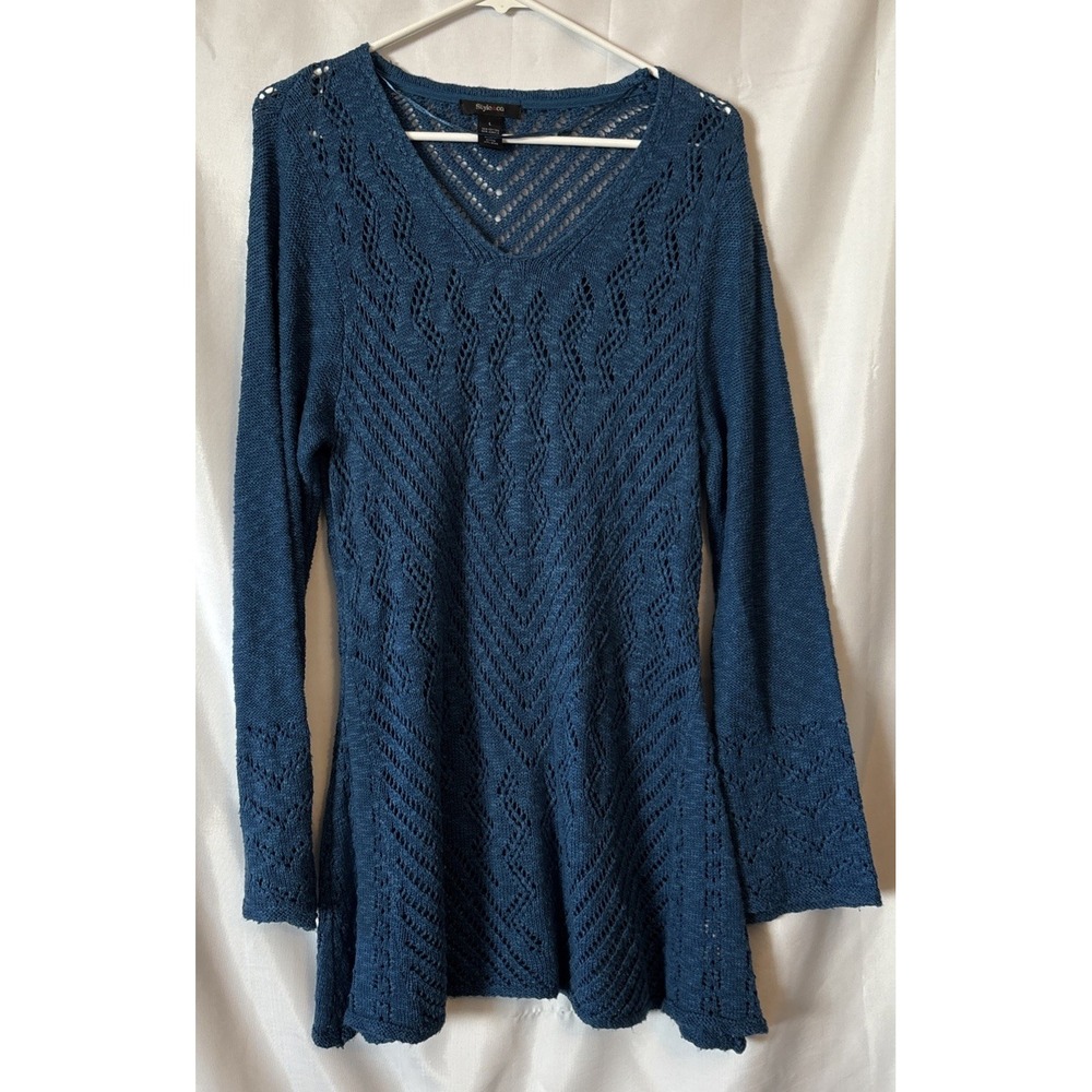 Style&CO Women's Sweater Crochet Knit Long Sleeve V-neck Blue Aqua Chevron L